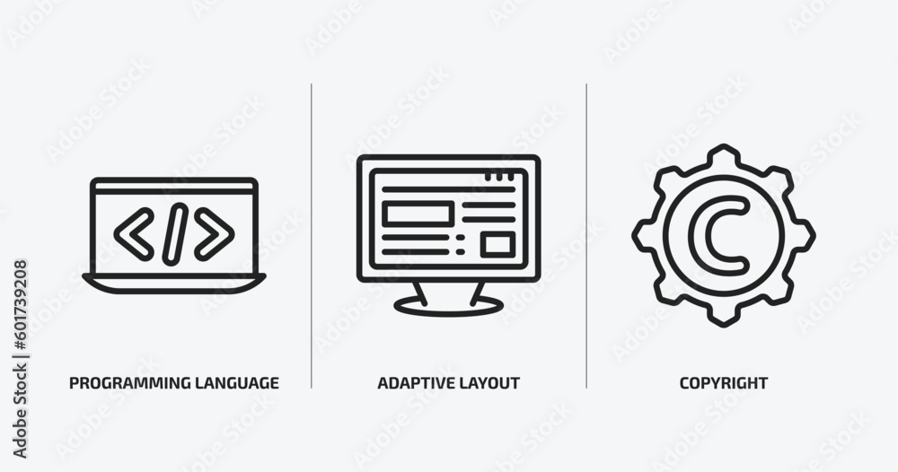 Poster seo outline icons set. seo icons such as programming language, adaptive layout, copyright vector. ca