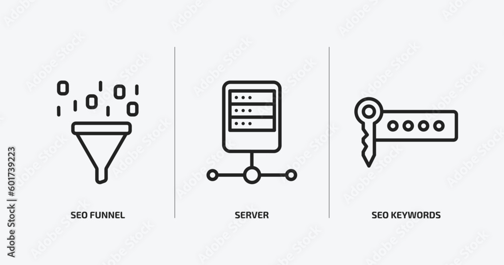 Poster programming outline icons set. programming icons such as seo funnel, server, seo keywords vector. ca