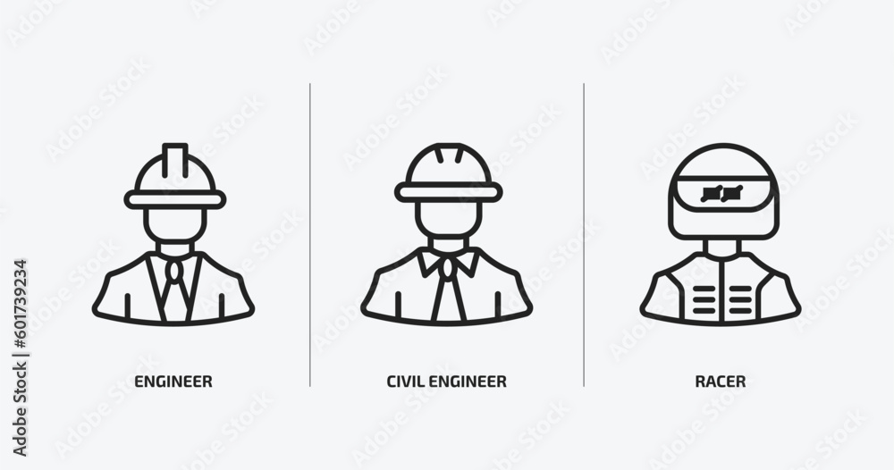 Poster professions outline icons set. professions icons such as engineer, civil engineer, racer vector. can