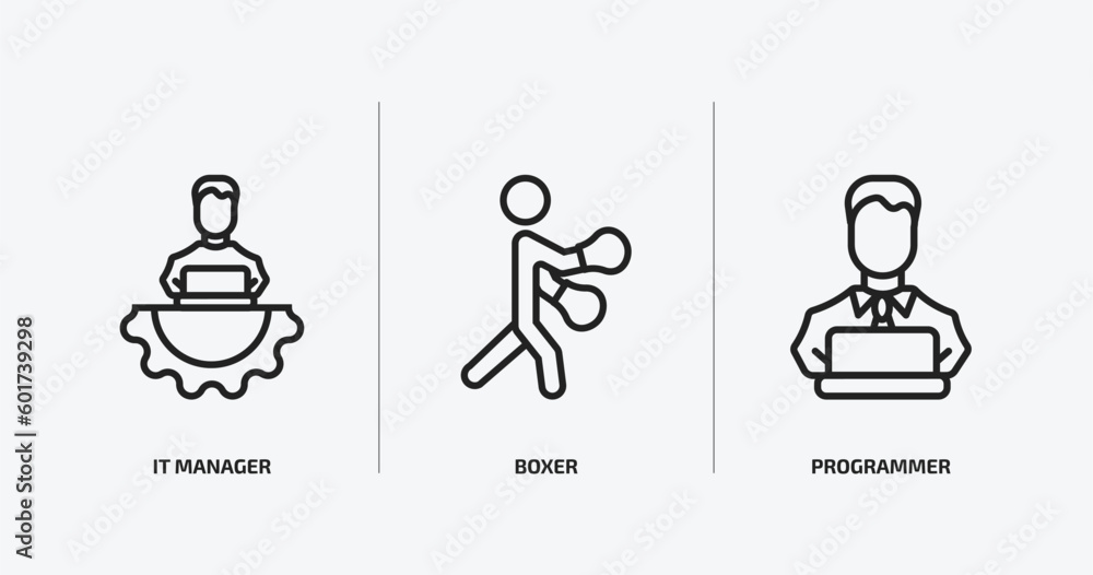Poster professions outline icons set. professions icons such as it manager, boxer, programmer vector. can b