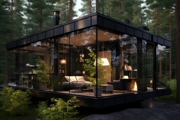 Fototapeta na wymiar Conceptual modern glasshouse home exterior design. Contemporary glass house concept. Generative AI illustration.