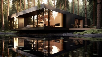 Fototapeta premium Conceptual modern glasshouse home exterior design. Contemporary glass house concept. Generative AI illustration.