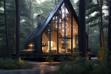 Conceptual modern glasshouse home exterior design. Contemporary glass house concept. Generative AI illustration.