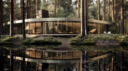 Fototapeta premium Conceptual modern glasshouse home exterior design. Contemporary glass house concept. Generative AI illustration.