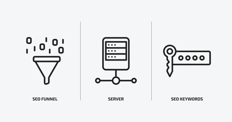 programming outline icons set. programming icons such as seo funnel, server, seo keywords vector. can be used web and mobile.