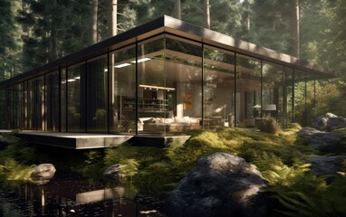 Fototapeta premium Conceptual modern glasshouse home exterior design. Contemporary glass house concept. Generative AI illustration.