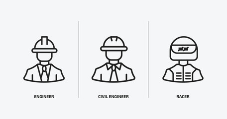 professions outline icons set. professions icons such as engineer, civil engineer, racer vector. can be used web and mobile.