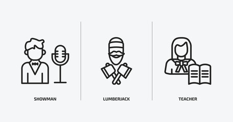Fototapeta premium professions outline icons set. professions icons such as showman, lumberjack, teacher vector. can be used web and mobile.