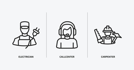 professions outline icons set. professions icons such as electrician, callcenter, carpenter vector. can be used web and mobile.