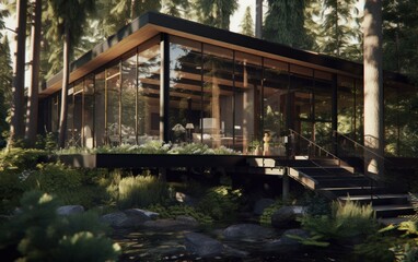 Obraz premium Conceptual modern glasshouse home exterior design. Contemporary glass house concept. Generative AI illustration.