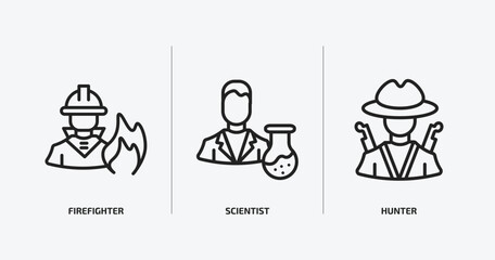 professions outline icons set. professions icons such as firefighter, scientist, hunter vector. can be used web and mobile.