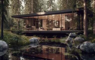 Obraz premium Conceptual modern glasshouse home exterior design. Contemporary glass house concept. Generative AI illustration.