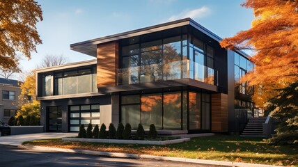 Fototapeta premium Conceptual modern glasshouse home exterior design. Contemporary glass house concept. Generative AI illustration.