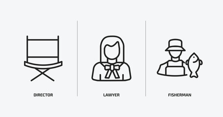 professions outline icons set. professions icons such as director, lawyer, fisherman vector. can be used web and mobile.
