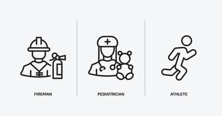 professions outline icons set. professions icons such as fireman, pediatrician, athlete vector. can be used web and mobile.