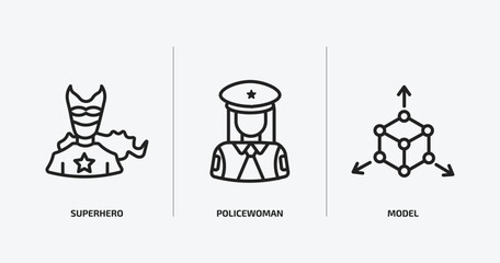 professions & jobs outline icons set. professions & jobs icons such as superhero, policewoman, model vector. can be used web and mobile.