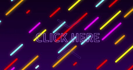 Animation of click here neon text over neon tripes on purple background - Powered by Adobe