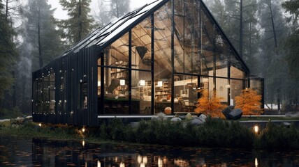 Obraz premium Conceptual modern glasshouse home exterior design. Contemporary glass house concept. Generative AI illustration.