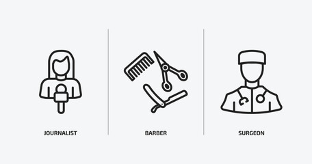 professions outline icons set. professions icons such as journalist, barber, surgeon vector. can be used web and mobile.