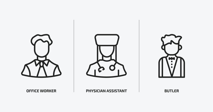 professions outline icons set. professions icons such as office worker, physician assistant, butler vector. can be used web and mobile.