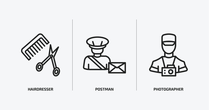 professions outline icons set. professions icons such as hairdresser, postman, photographer vector. can be used web and mobile.