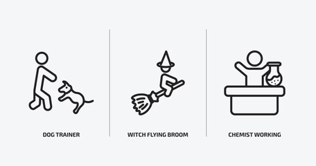 people outline icons set. people icons such as dog trainer, witch flying broom, chemist working vector. can be used web and mobile.