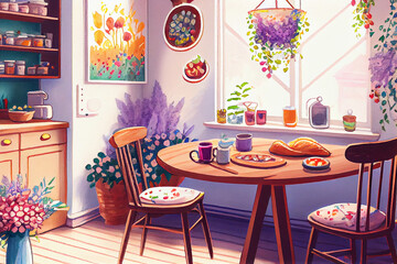 A cozy and inviting snack area with a boho-style decor, featuring soft tones and charming details, generative ai illustration