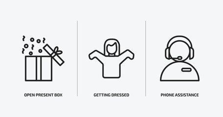 people outline icons set. people icons such as open present box, getting dressed, phone assistance vector. can be used web and mobile.