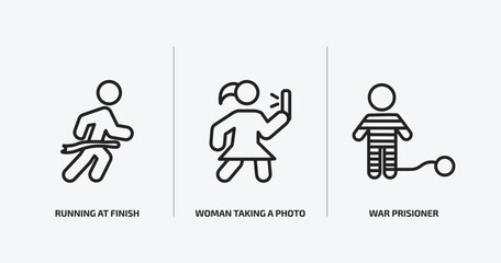people outline icons set. people icons such as running at finish line, woman taking a photo, war prisioner vector. can be used web and mobile.