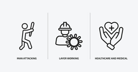 people outline icons set. people icons such as man attacking, layer working, healthcare and medical vector. can be used web and mobile.