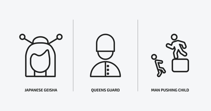 people outline icons set. people icons such as japanese geisha, queens guard, man pushing child vector. can be used web and mobile.