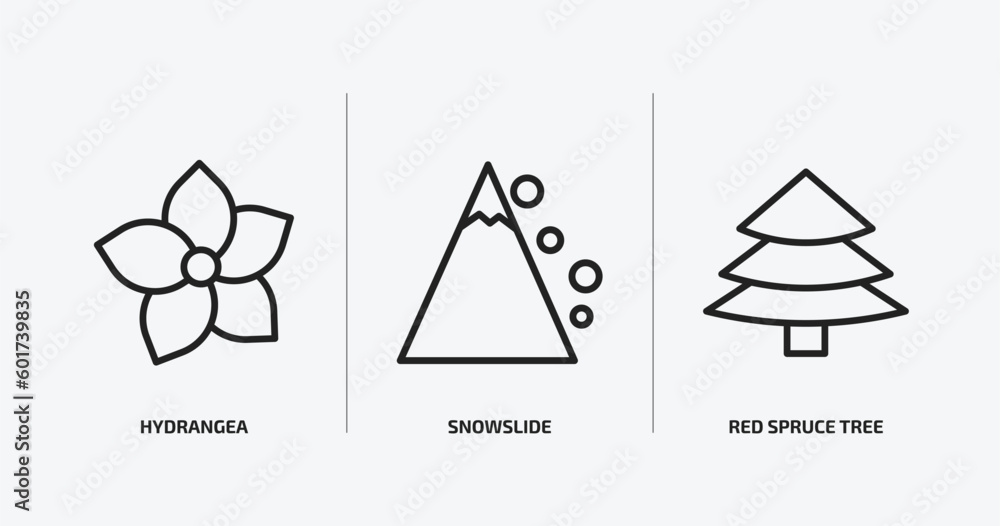 Poster nature outline icons set. nature icons such as hydrangea, snowslide, red spruce tree vector. can be 