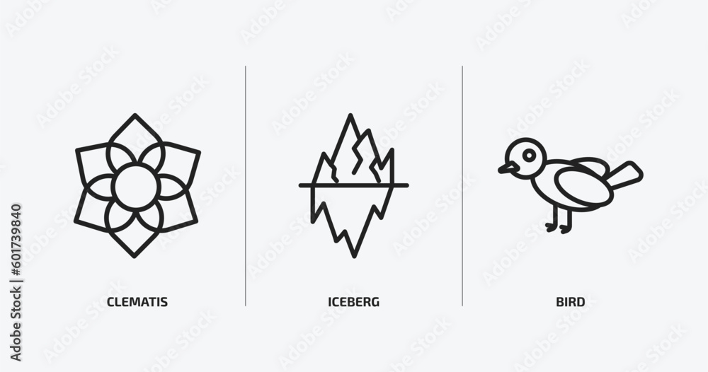 Poster nature outline icons set. nature icons such as clematis, iceberg, bird vector. can be used web and m