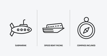 nautical outline icons set. nautical icons such as submarine, speed boat facing right, compass inclined vector. can be used web and mobile.