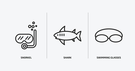 nautical outline icons set. nautical icons such as snorkel, shark, swimming glasses vector. can be used web and mobile.