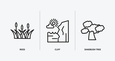 nature outline icons set. nature icons such as reed, cliff, shadbush tree vector. can be used web and mobile.