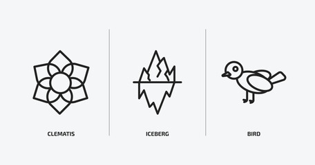 nature outline icons set. nature icons such as clematis, iceberg, bird vector. can be used web and mobile.