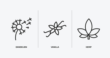 nature outline icons set. nature icons such as dandelion, vanilla, hemp vector. can be used web and mobile.