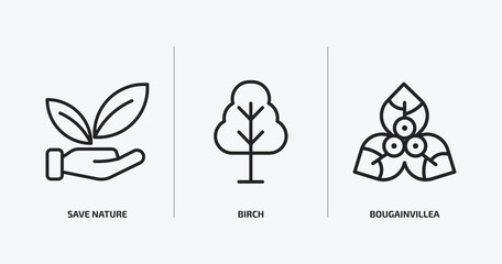 nature outline icons set. nature icons such as save nature, birch, bougainvillea vector. can be used web and mobile.