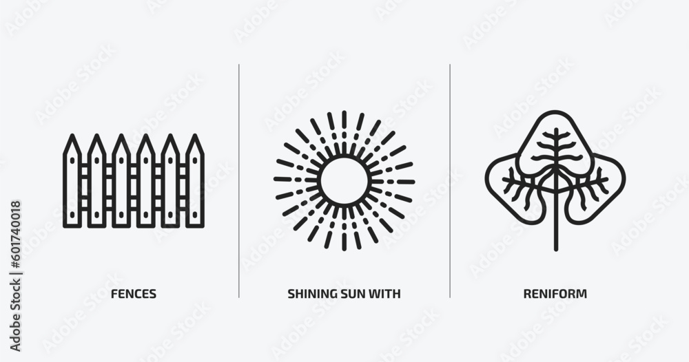 Aufkleber nature outline icons set. nature icons such as fences, shining sun with rays, reniform vector. can b