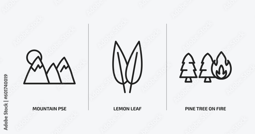 Aufkleber nature outline icons set. nature icons such as mountain pse, lemon leaf, pine tree on fire vector. c