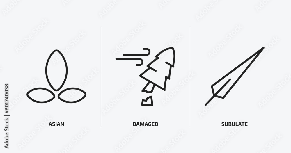 Poster nature outline icons set. nature icons such as asian, damaged, subulate vector. can be used web and 