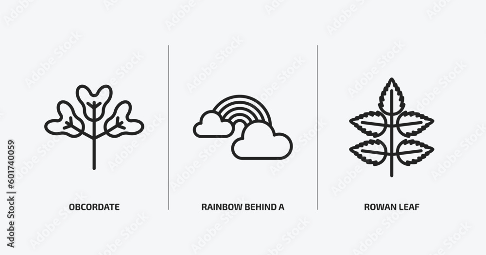 Poster nature outline icons set. nature icons such as obcordate, rainbow behind a cloud, rowan leaf vector.