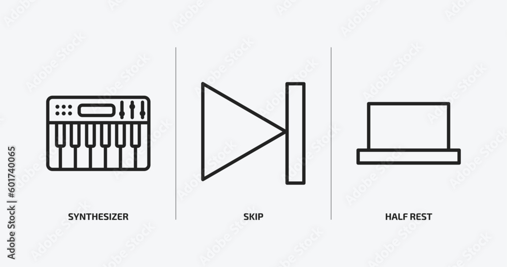 Poster music and media outline icons set. music and media icons such as synthesizer, skip, half rest vector