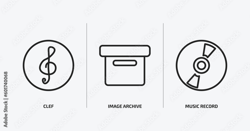 Poster music and media outline icons set. music and media icons such as clef, image archive, music record v