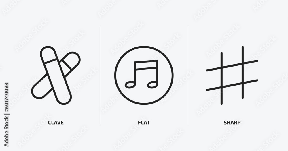 Poster music and media outline icons set. music and media icons such as clave, flat, sharp vector. can be u