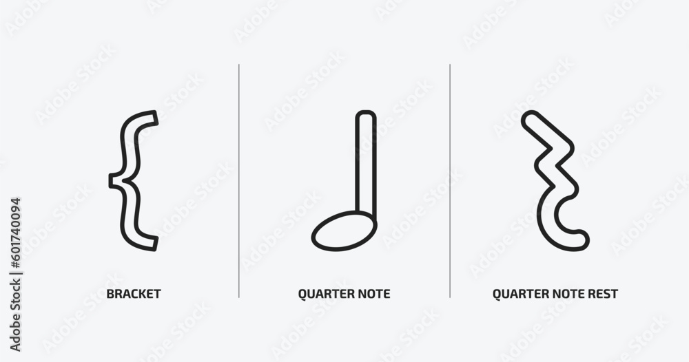 Poster music and media outline icons set. music and media icons such as bracket, quarter note, quarter note