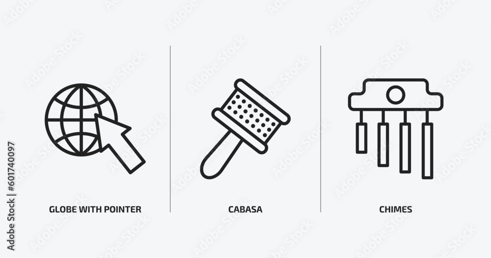 Poster music and media outline icons set. music and media icons such as globe with pointer, cabasa, chimes 