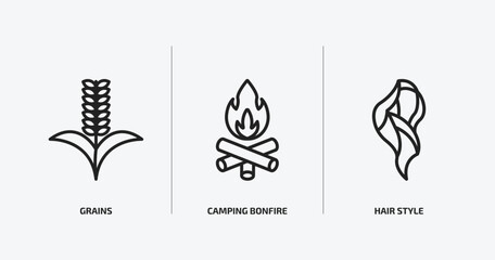 nature outline icons set. nature icons such as grains, camping bonfire, hair style vector. can be used web and mobile.