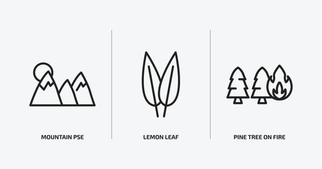nature outline icons set. nature icons such as mountain pse, lemon leaf, pine tree on fire vector. can be used web and mobile.